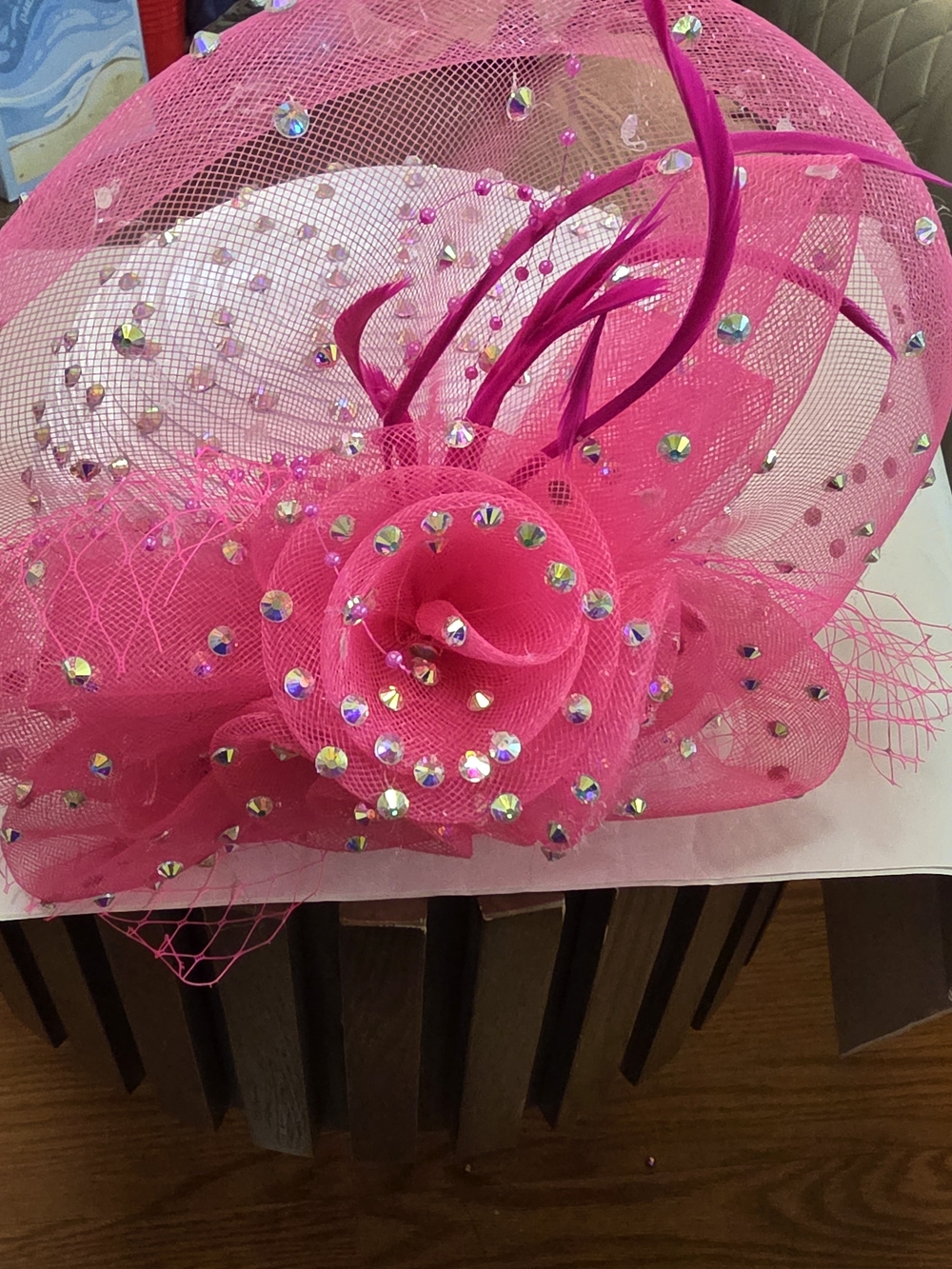 Hot Pink Pillbox Hat Headpiece with Crystal Accents Large Bow